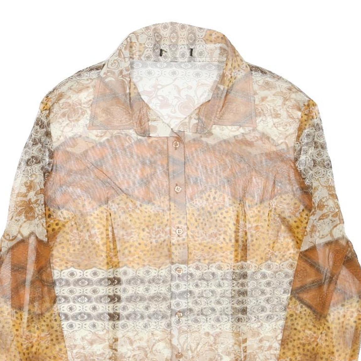 Womens Beige Printed Shirt Long Sleeve Collared XL Stylish Polyester Blend Top