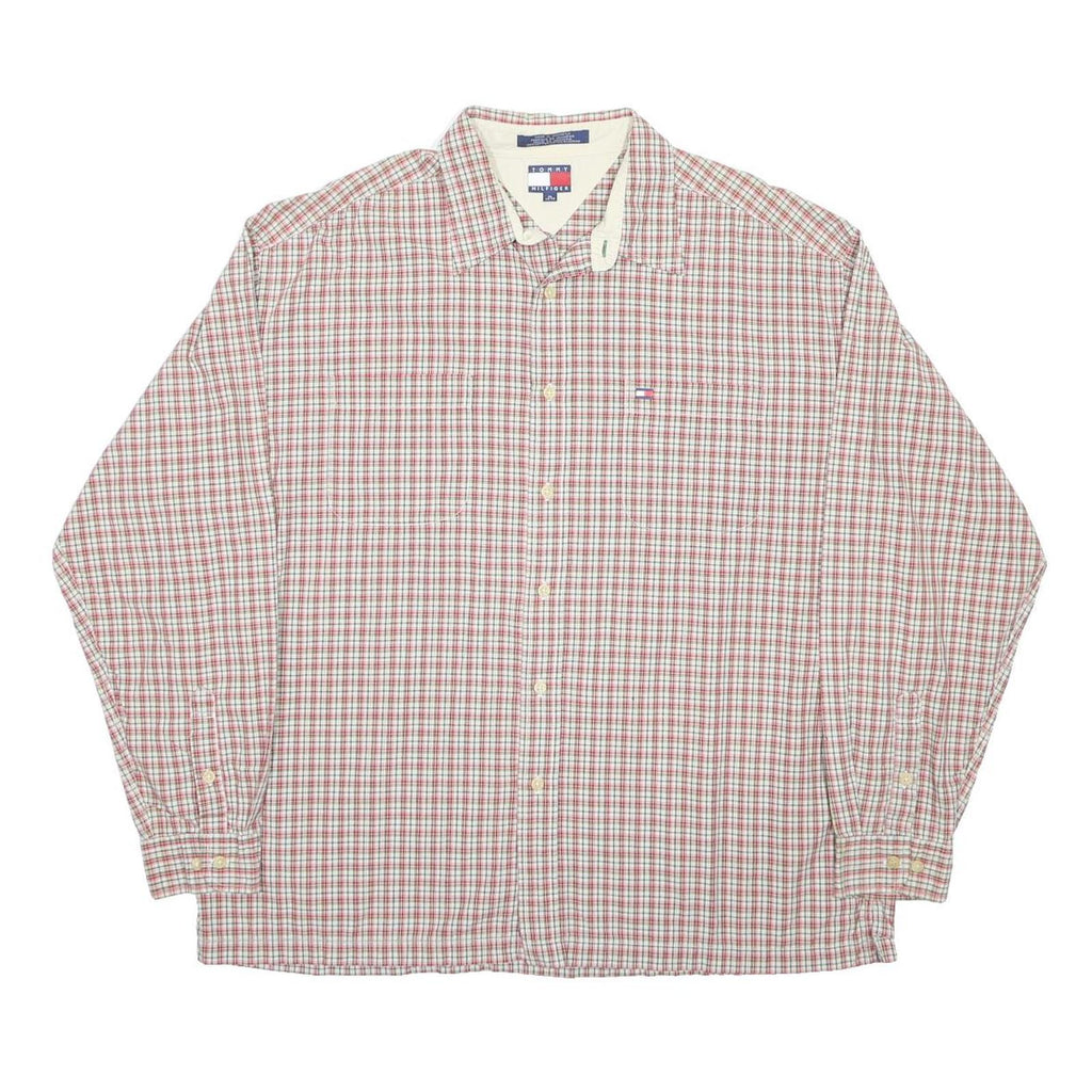TOMMY HILFIGER Mens Red & White Check Shirt XL Classic Button Cotton Long Sleeve