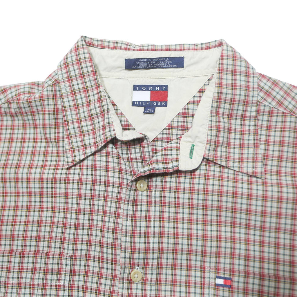 TOMMY HILFIGER Mens Red & White Check Shirt XL Classic Button Cotton Long Sleeve
