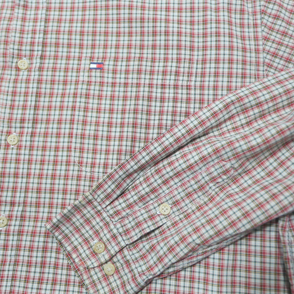 TOMMY HILFIGER Mens Red & White Check Shirt XL Classic Button Cotton Long Sleeve
