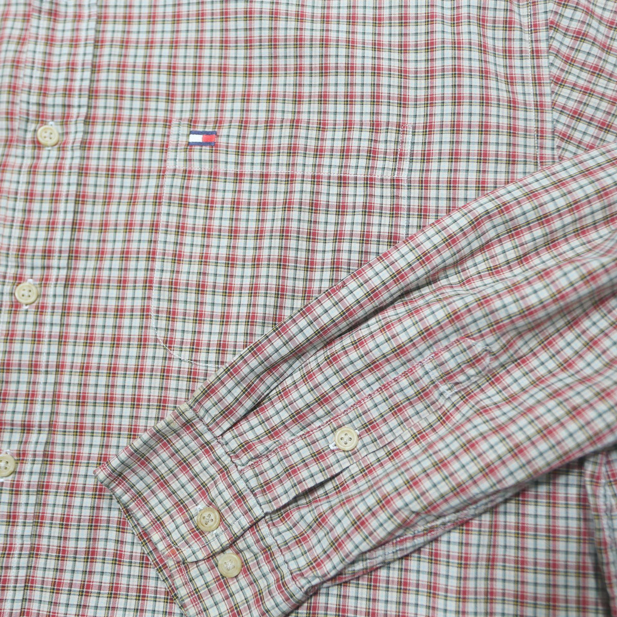 TOMMY HILFIGER Mens Red & White Check Shirt XL Classic Button Cotton Long Sleeve
