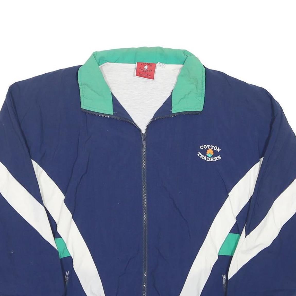 COTTON TRADERS Mens Navy & Green Colourblock Zip Jacket M Nylon Retro Sportswear