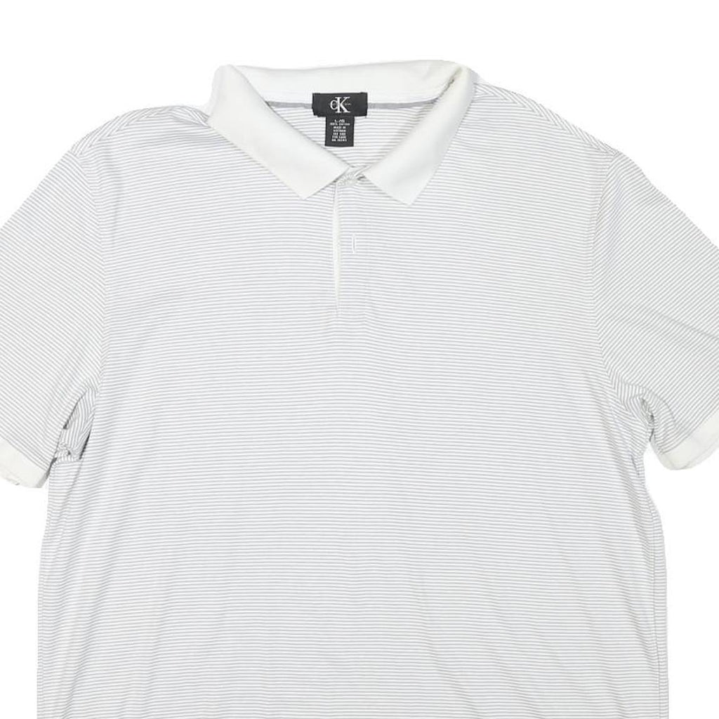 CALVIN KLEIN Mens White & Grey Striped Short Sleeve Polo Shirt L Cotton Blend