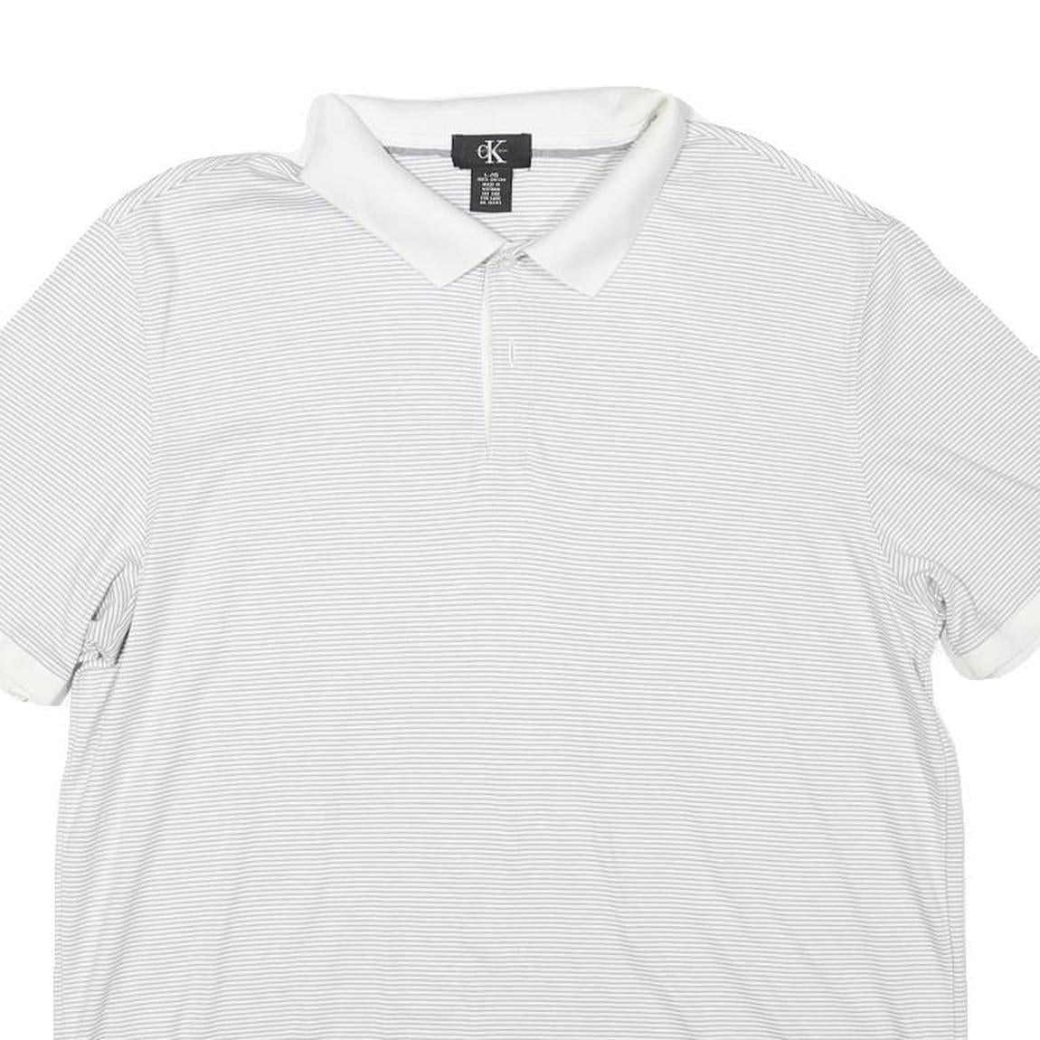 CALVIN KLEIN Mens White & Grey Striped Short Sleeve Polo Shirt L Cotton Blend