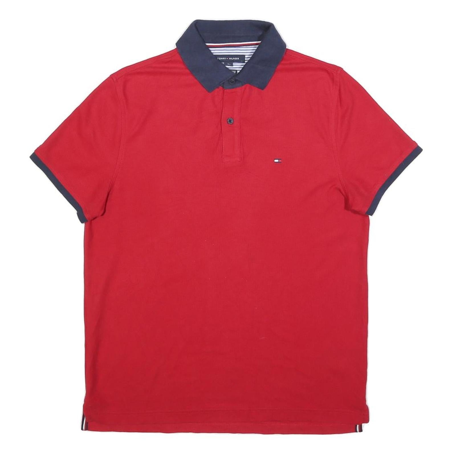TOMMY HILFIGER Mens Red & Navy Short Sleeve Polo Shirt M Cotton Blend Classic