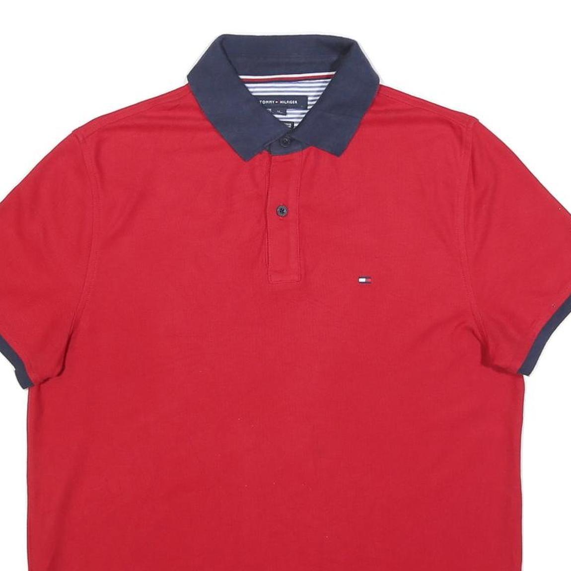 TOMMY HILFIGER Mens Red & Navy Short Sleeve Polo Shirt M Cotton Blend Classic