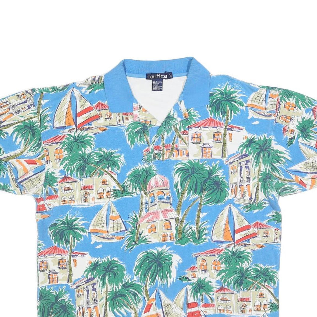 NAUTICA Mens Blue Cotton Blend Tropical Print Short Sleeve Polo Shirt L Casual