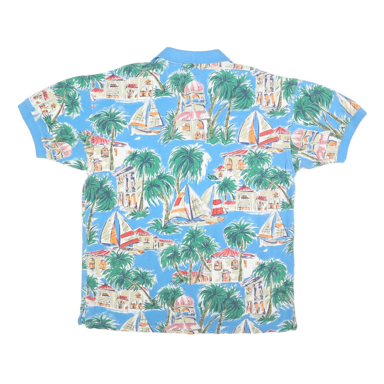 NAUTICA Mens Blue Cotton Blend Tropical Print Short Sleeve Polo Shirt L Casual