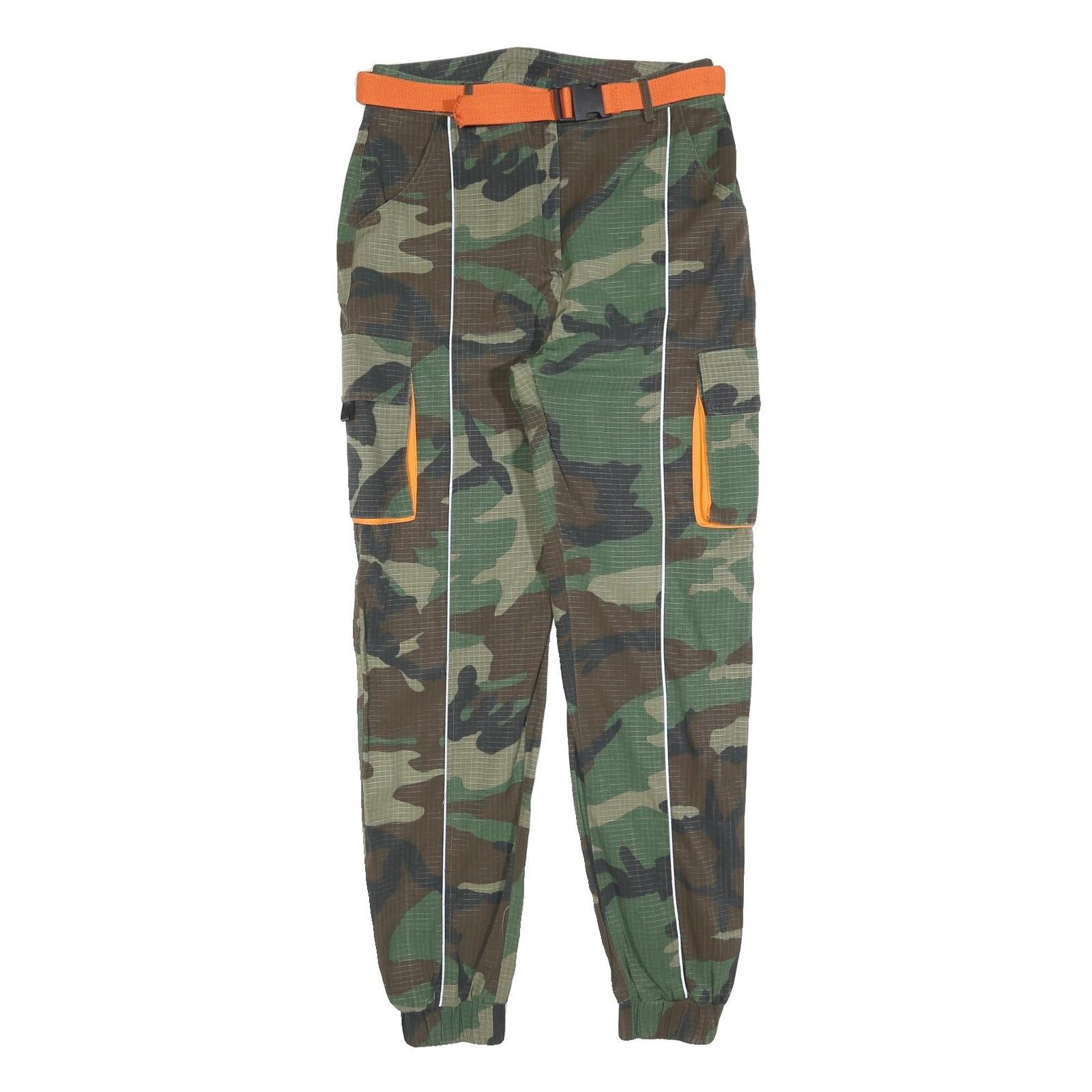 Mens Polyester Blend Camouflage Slim Cargo Trousers W30 L32 Orange Belt