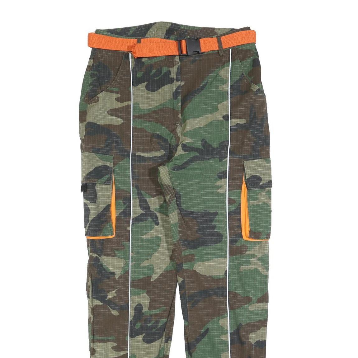 Mens Polyester Blend Camouflage Slim Cargo Trousers W30 L32 Orange Belt