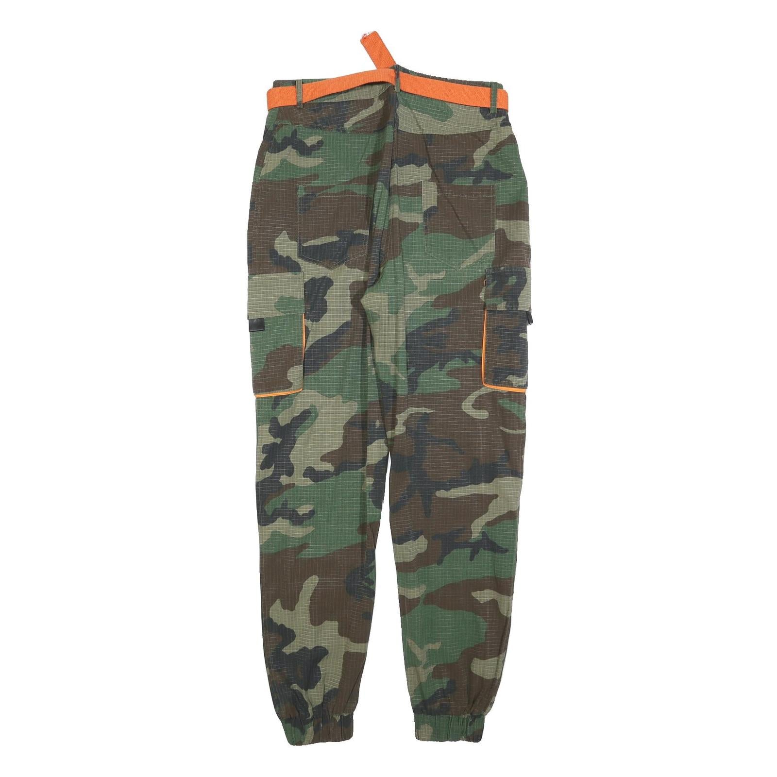 Mens Polyester Blend Camouflage Slim Cargo Trousers W30 L32 Orange Belt