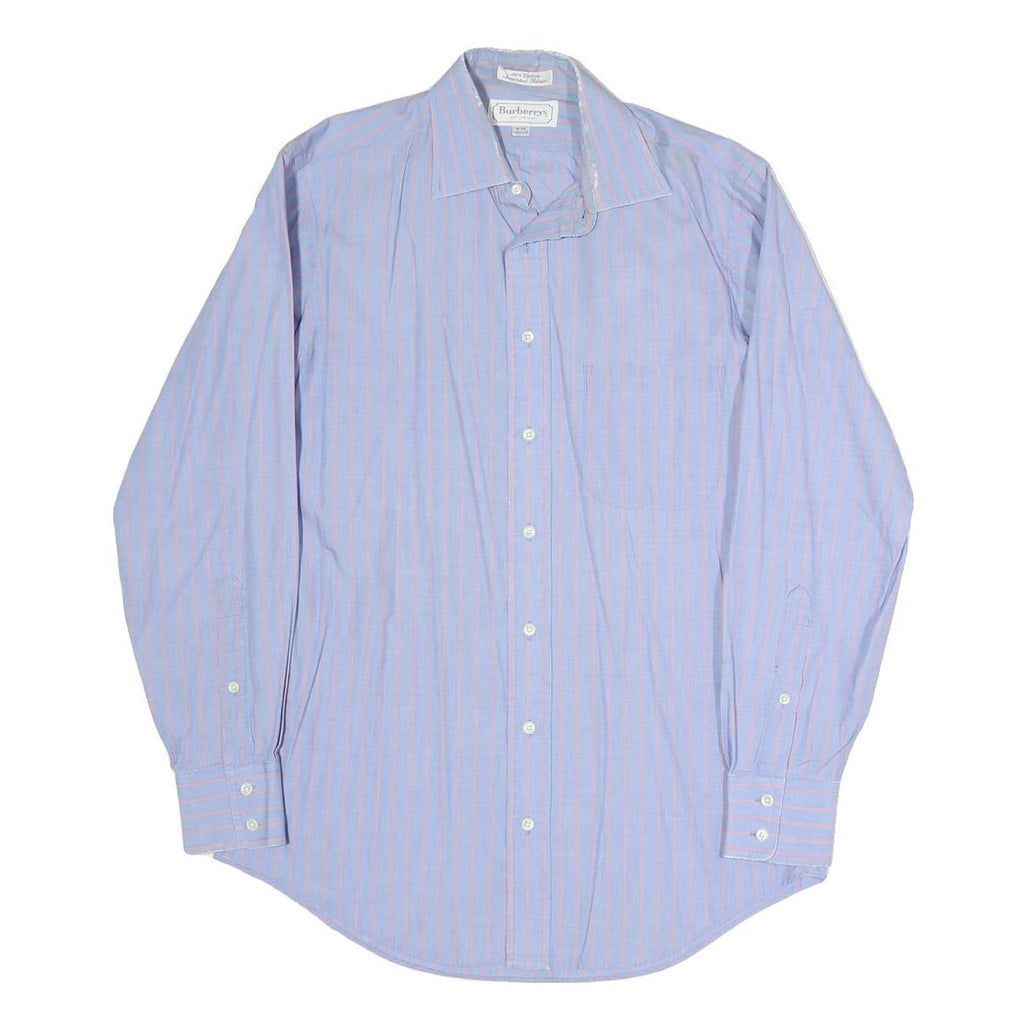 BURBERRY Mens Blue & Pink Stripe Cotton Blend Shirt L Classic Button Collar
