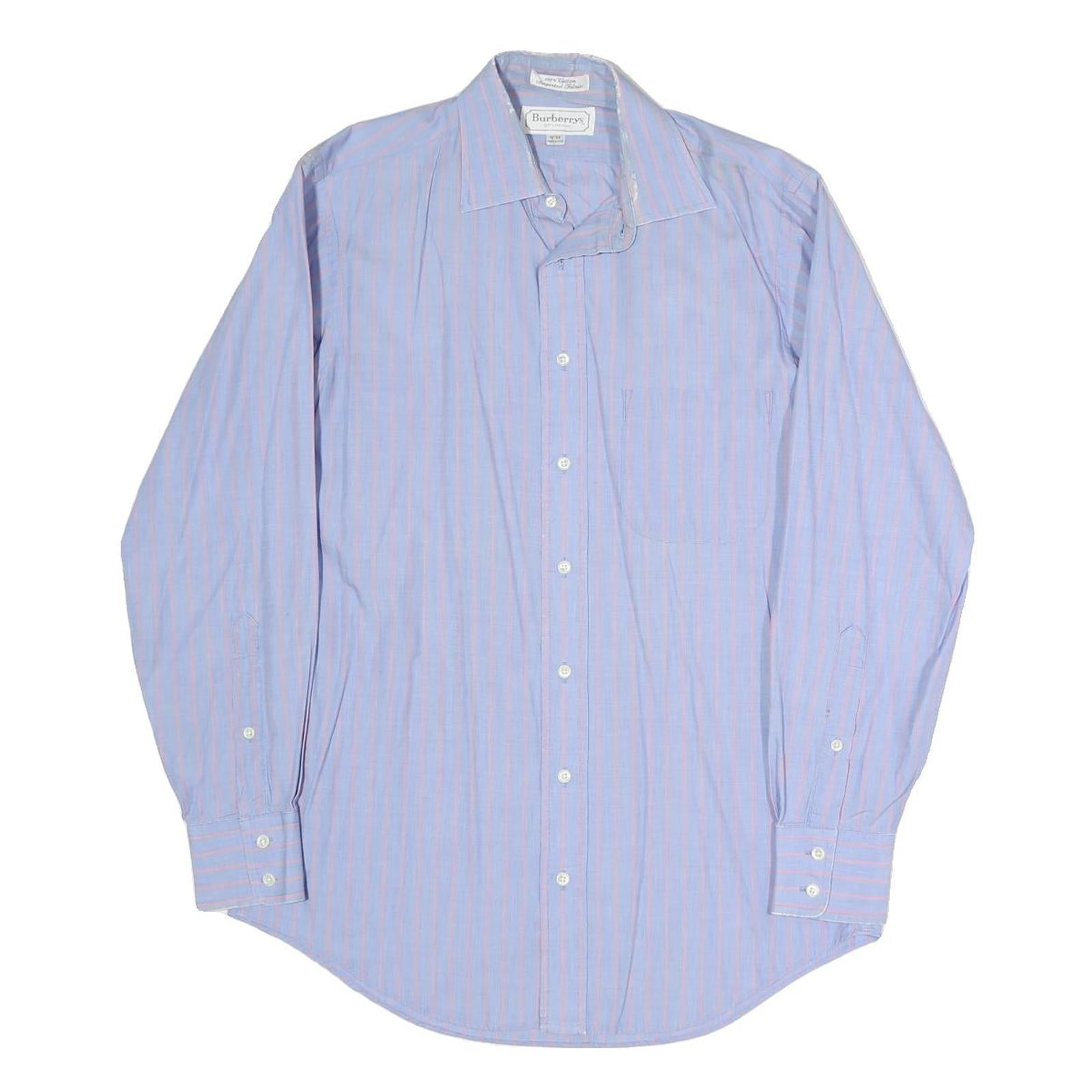BURBERRY Mens Blue & Pink Stripe Cotton Blend Shirt L Classic Button Collar