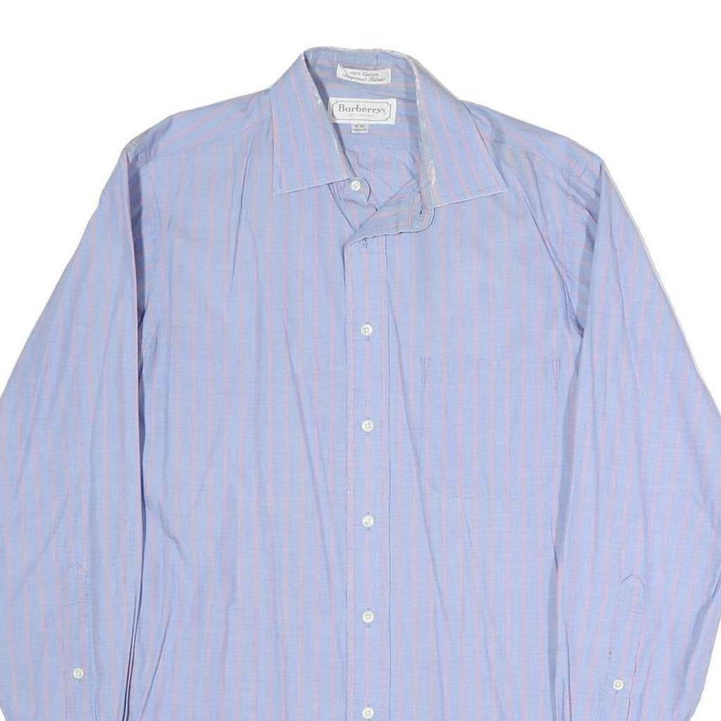 BURBERRY Mens Blue & Pink Stripe Cotton Blend Shirt L Classic Button Collar