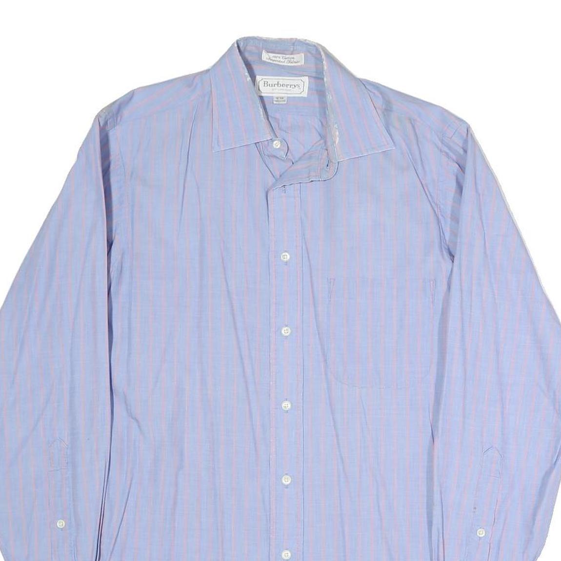 BURBERRY Mens Blue & Pink Stripe Cotton Blend Shirt L Classic Button Collar