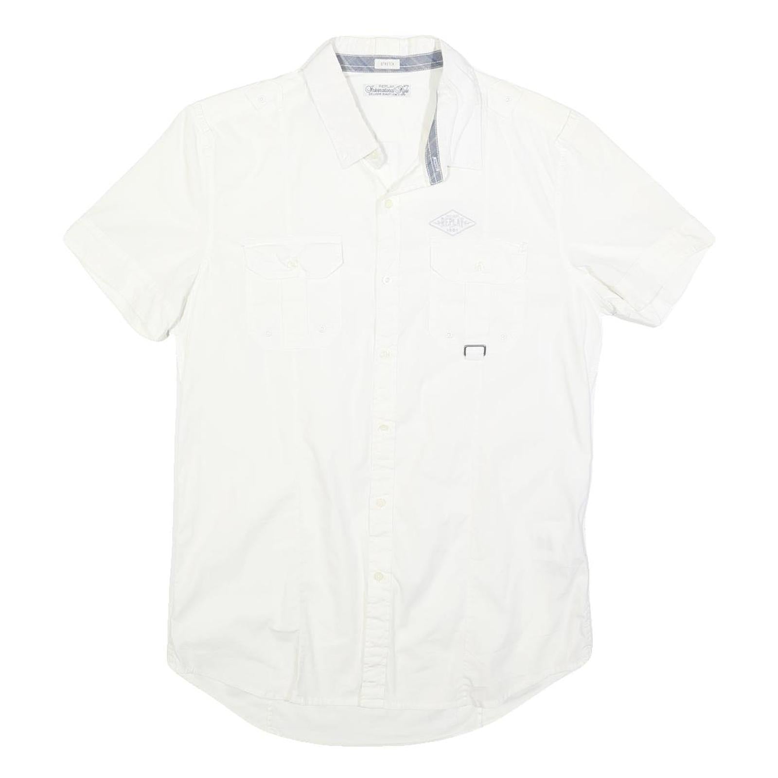 REPLAY Mens White Short Sleeve Shirt M Cotton Blend Casual Button Down Summer