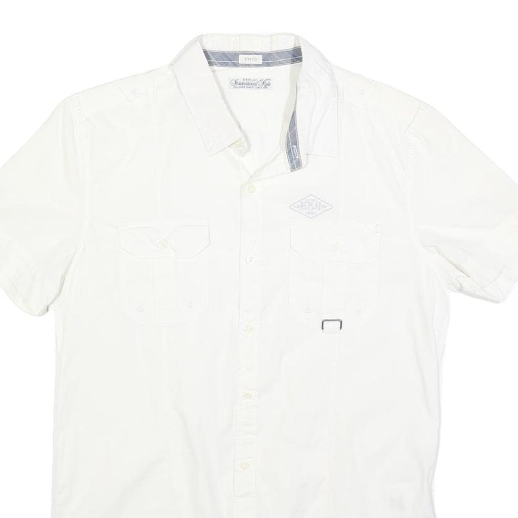 REPLAY Mens White Short Sleeve Shirt M Cotton Blend Casual Button Down Summer