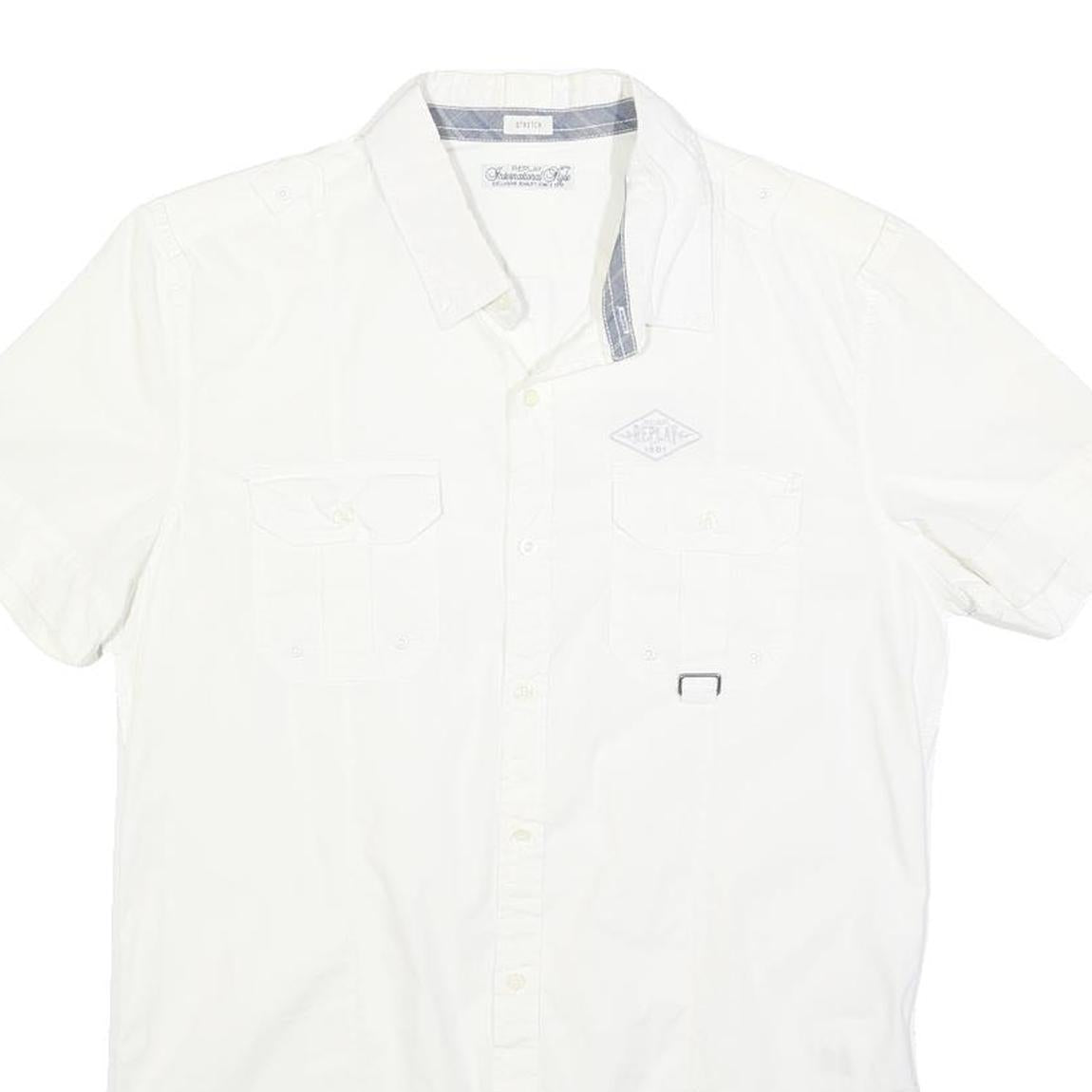 REPLAY Mens White Short Sleeve Shirt M Cotton Blend Casual Button Down Summer