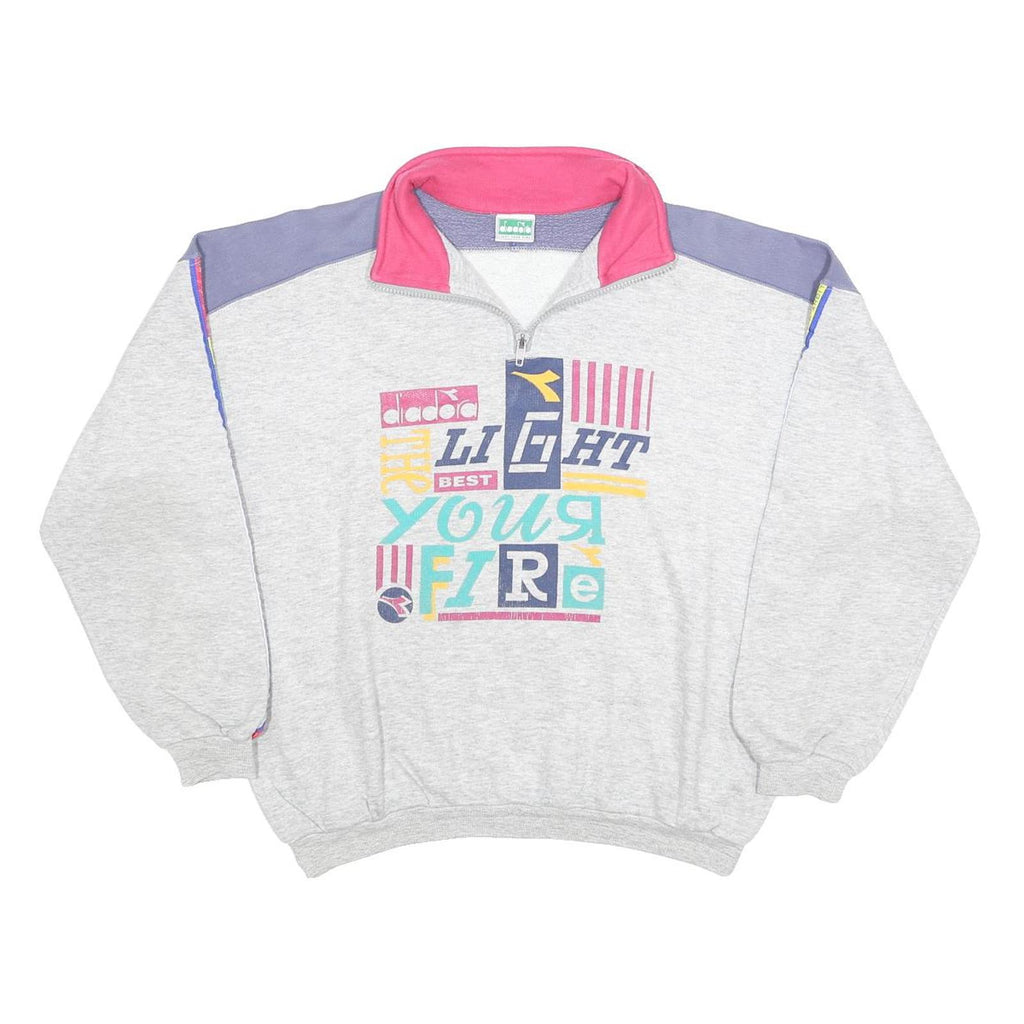 DIADORA Womens Grey & Pink Cotton Blend Sweatshirt 2XL 1/4 Zip Colourblock Retro