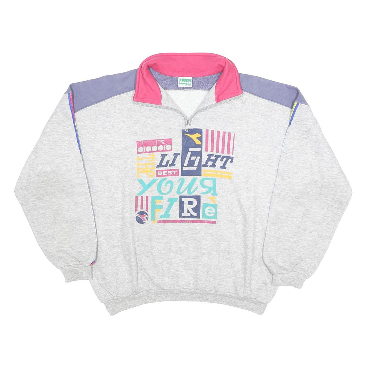DIADORA Womens Grey & Pink Cotton Blend Sweatshirt 2XL 1/4 Zip Colourblock Retro