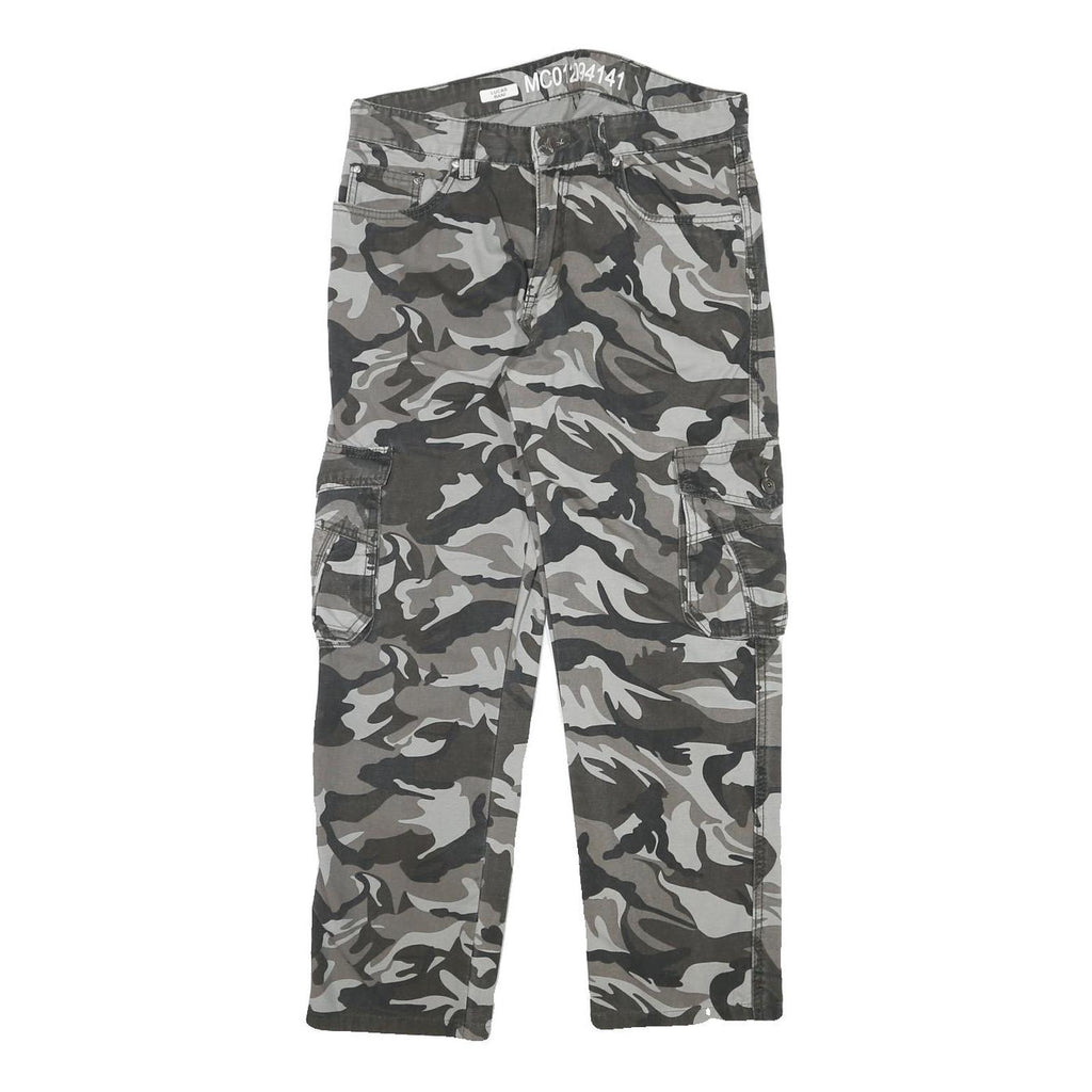 Grey Camouflage Mens Regular Fit Cargo Trousers W30 L27 Cotton Blend Zip