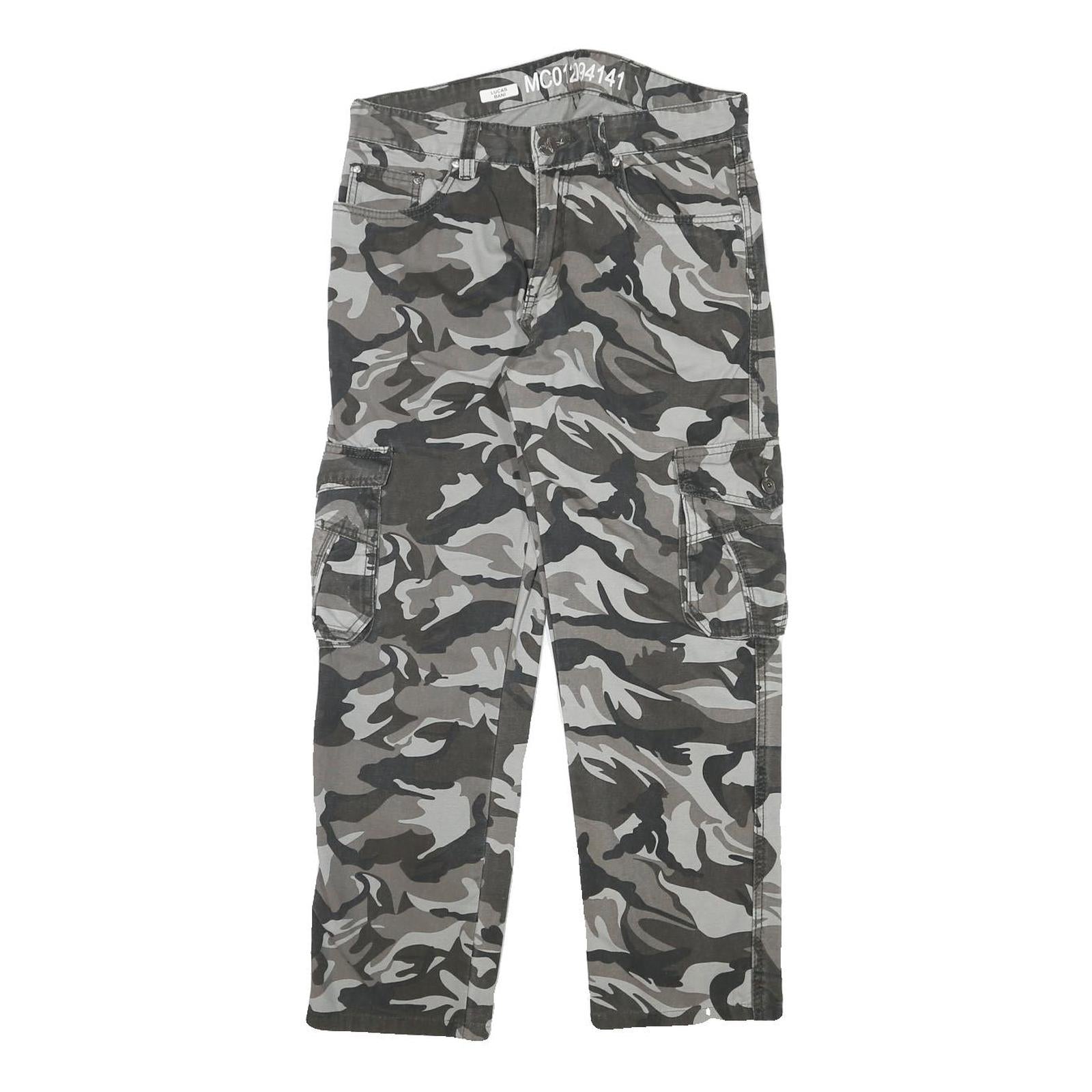 Grey Camouflage Mens Regular Fit Cargo Trousers W30 L27 Cotton Blend Zip