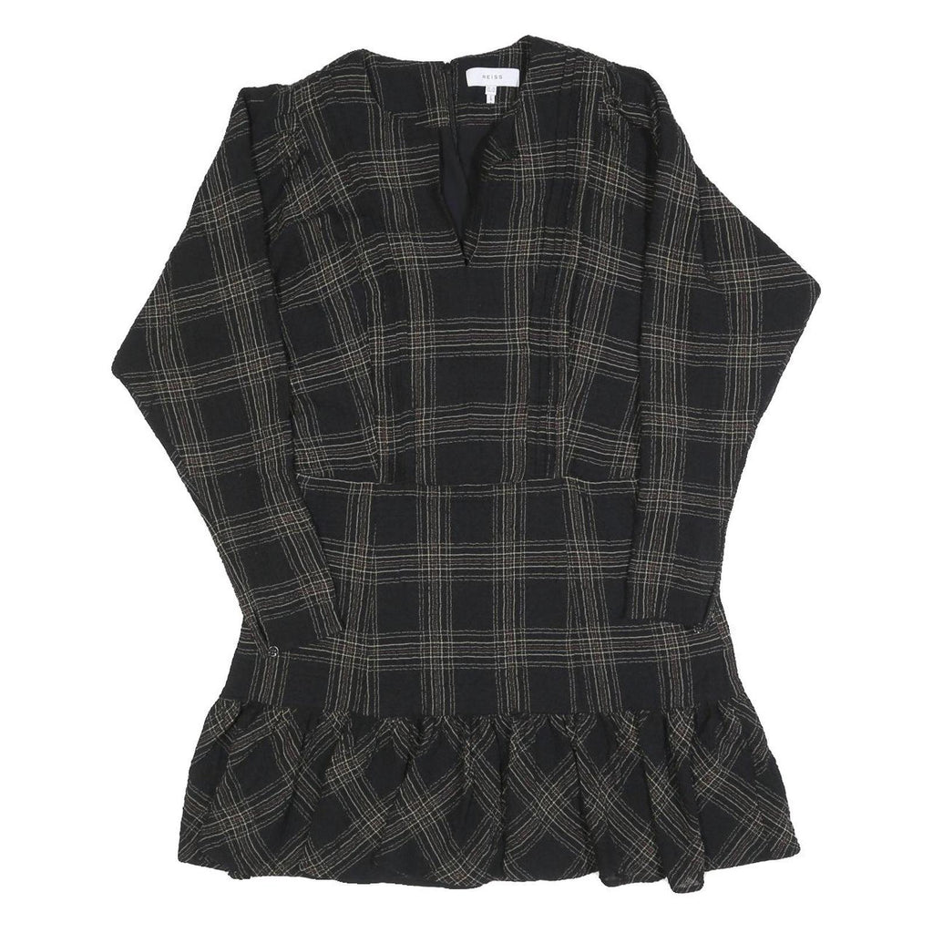 REISS Womens Black Check Day Cotton Blend Dress UK 14 V-Neck Ruffle Hem