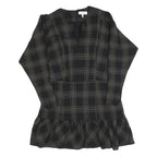 REISS Womens Black Check Day Cotton Blend Dress UK 14 V-Neck Ruffle Hem