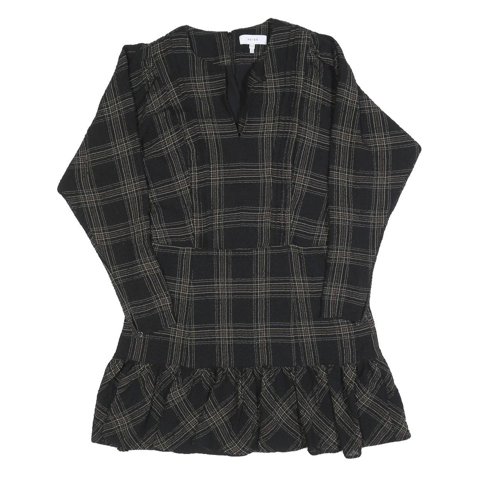 REISS Womens Black Check Day Cotton Blend Dress UK 14 V-Neck Ruffle Hem