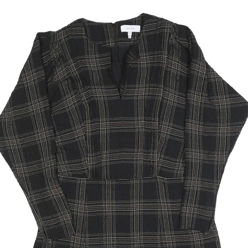 REISS Womens Black Check Day Cotton Blend Dress UK 14 V-Neck Ruffle Hem