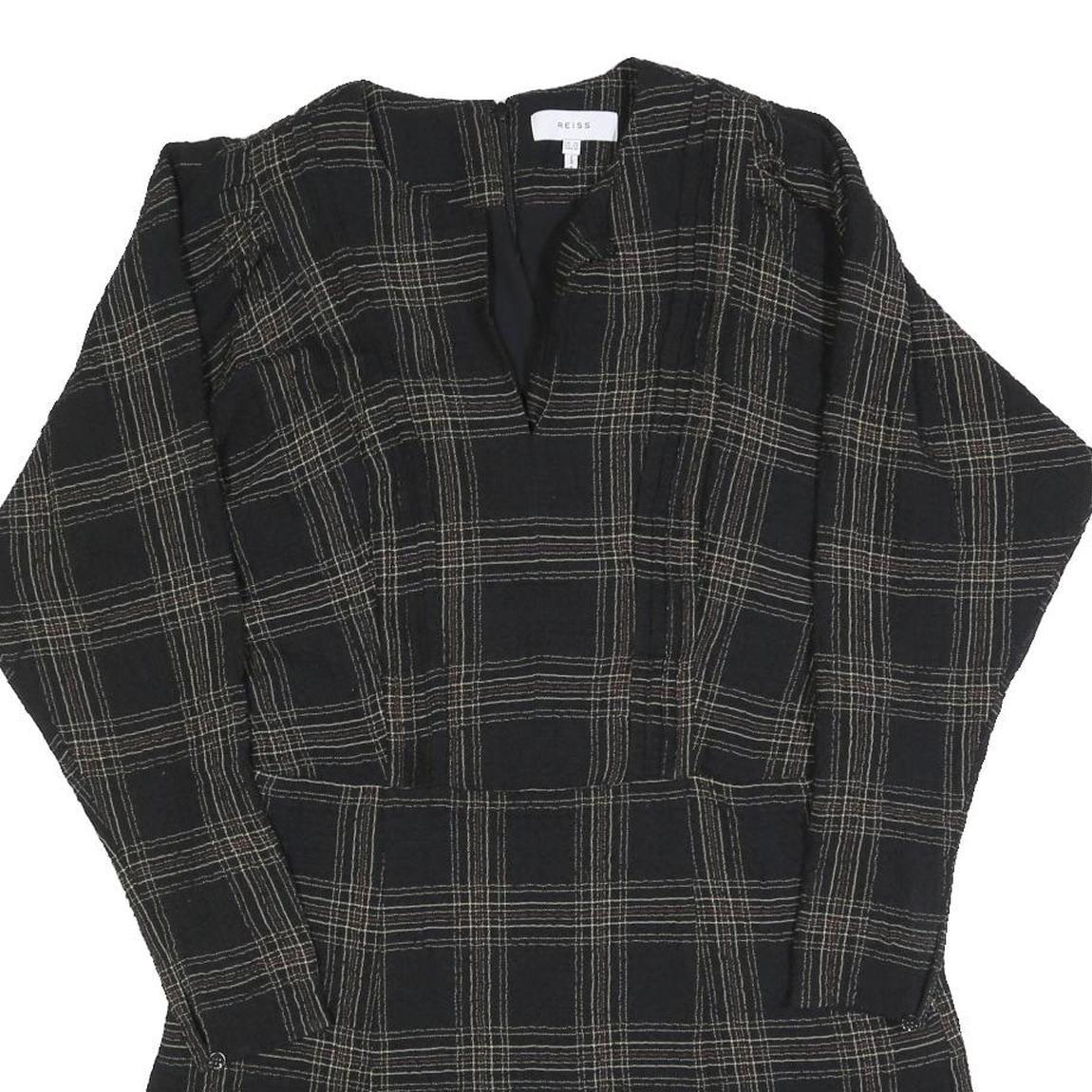 REISS Womens Black Check Day Cotton Blend Dress UK 14 V-Neck Ruffle Hem