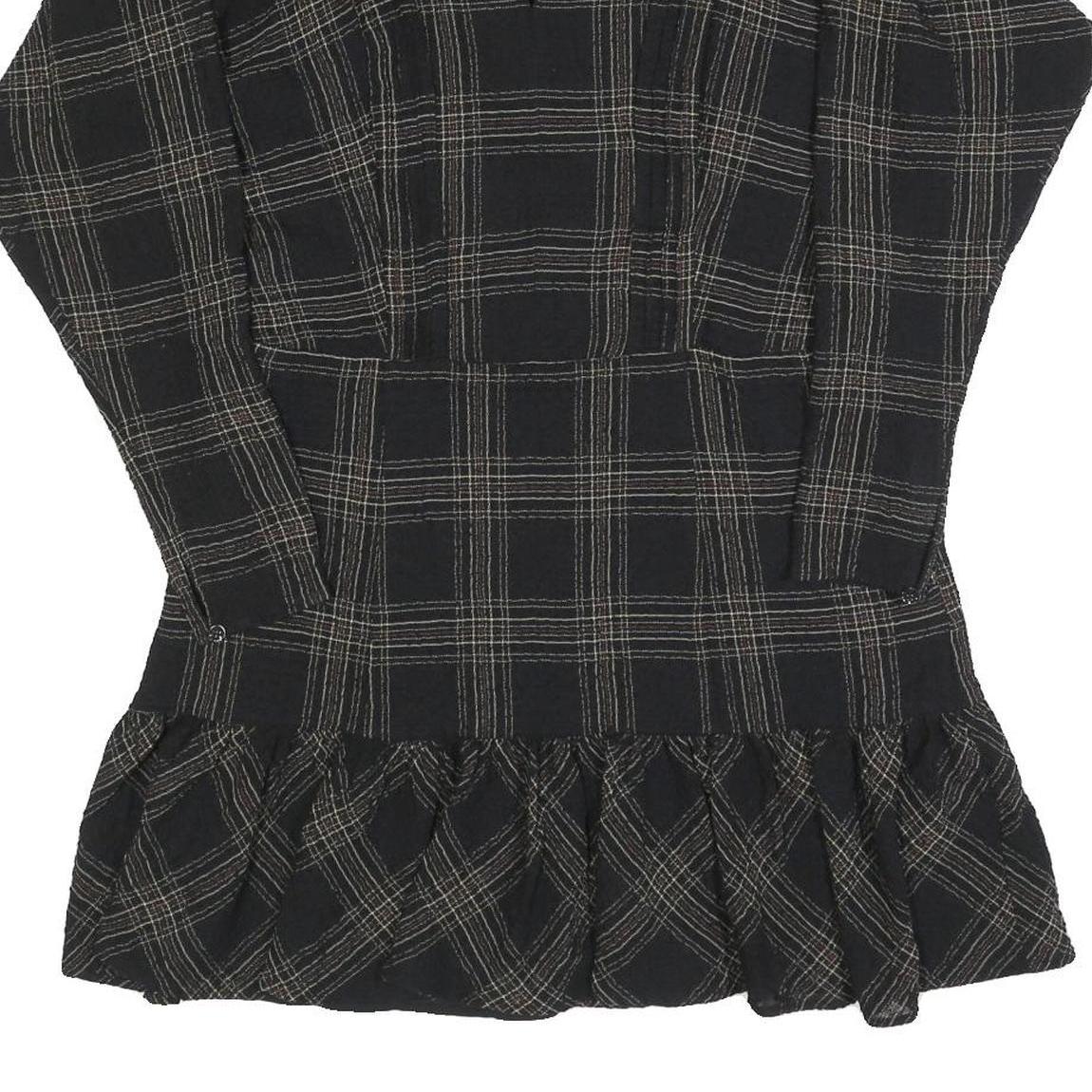 REISS Womens Black Check Day Cotton Blend Dress UK 14 V-Neck Ruffle Hem