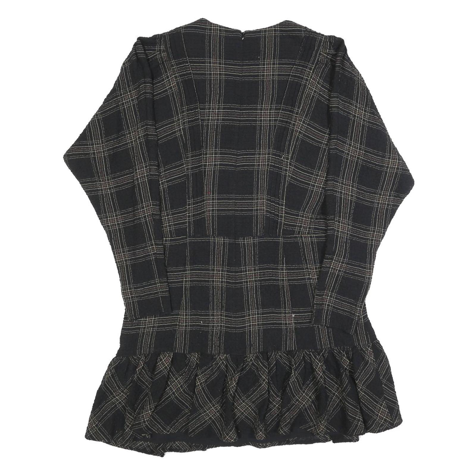 REISS Womens Black Check Day Cotton Blend Dress UK 14 V-Neck Ruffle Hem