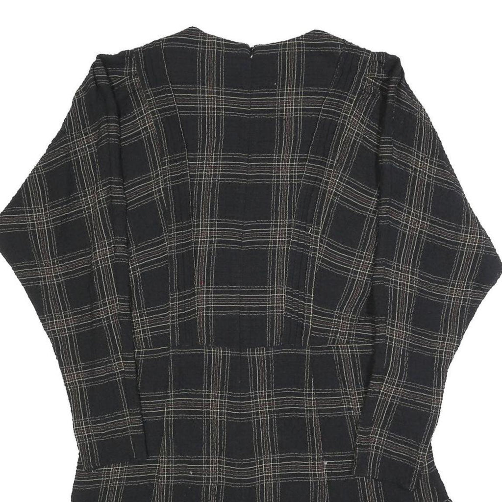 REISS Womens Black Check Day Cotton Blend Dress UK 14 V-Neck Ruffle Hem