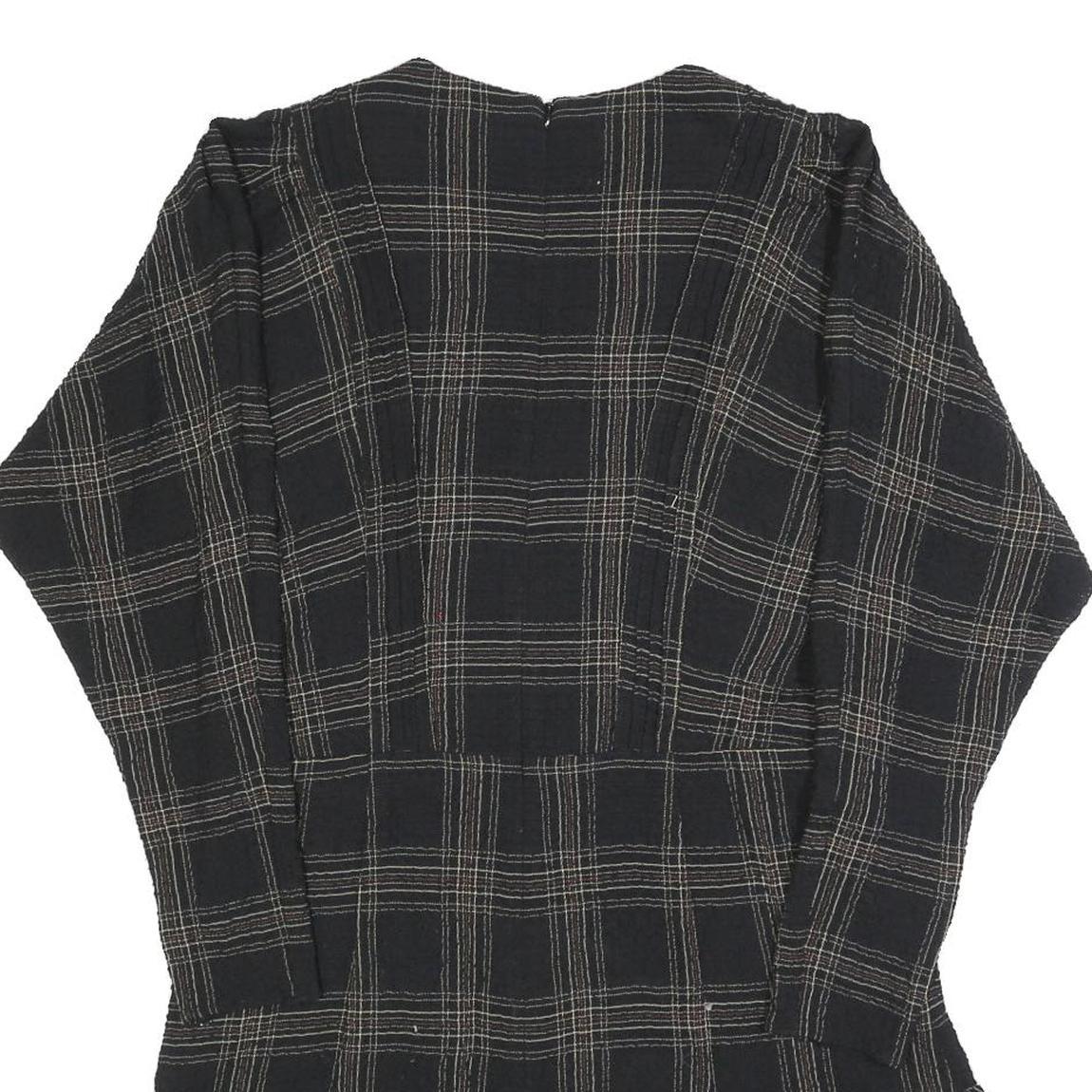 REISS Womens Black Check Day Cotton Blend Dress UK 14 V-Neck Ruffle Hem