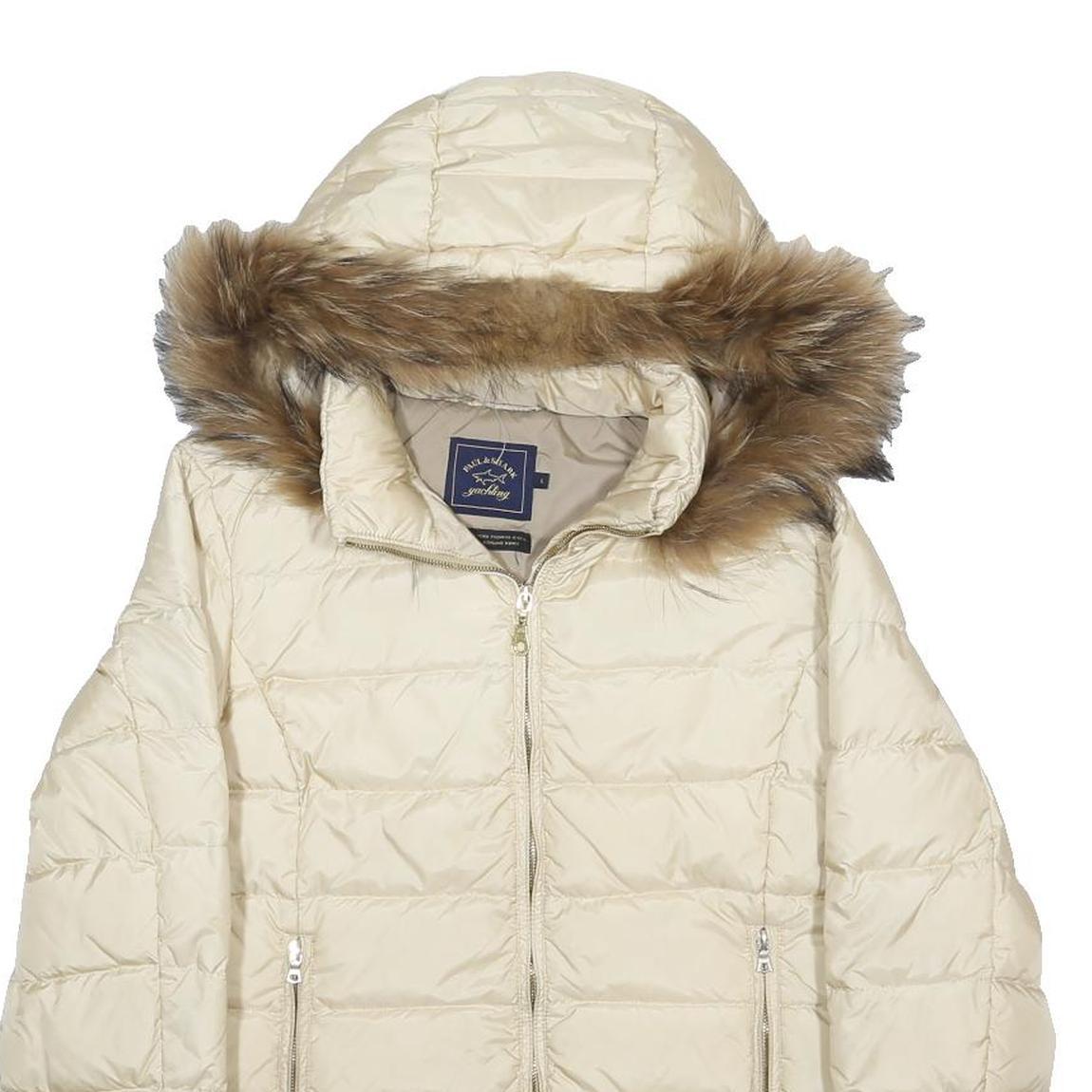 PAUL & SHARK Womens Cream Jacket L Polyester Plain Zip Hooded Warm Winter