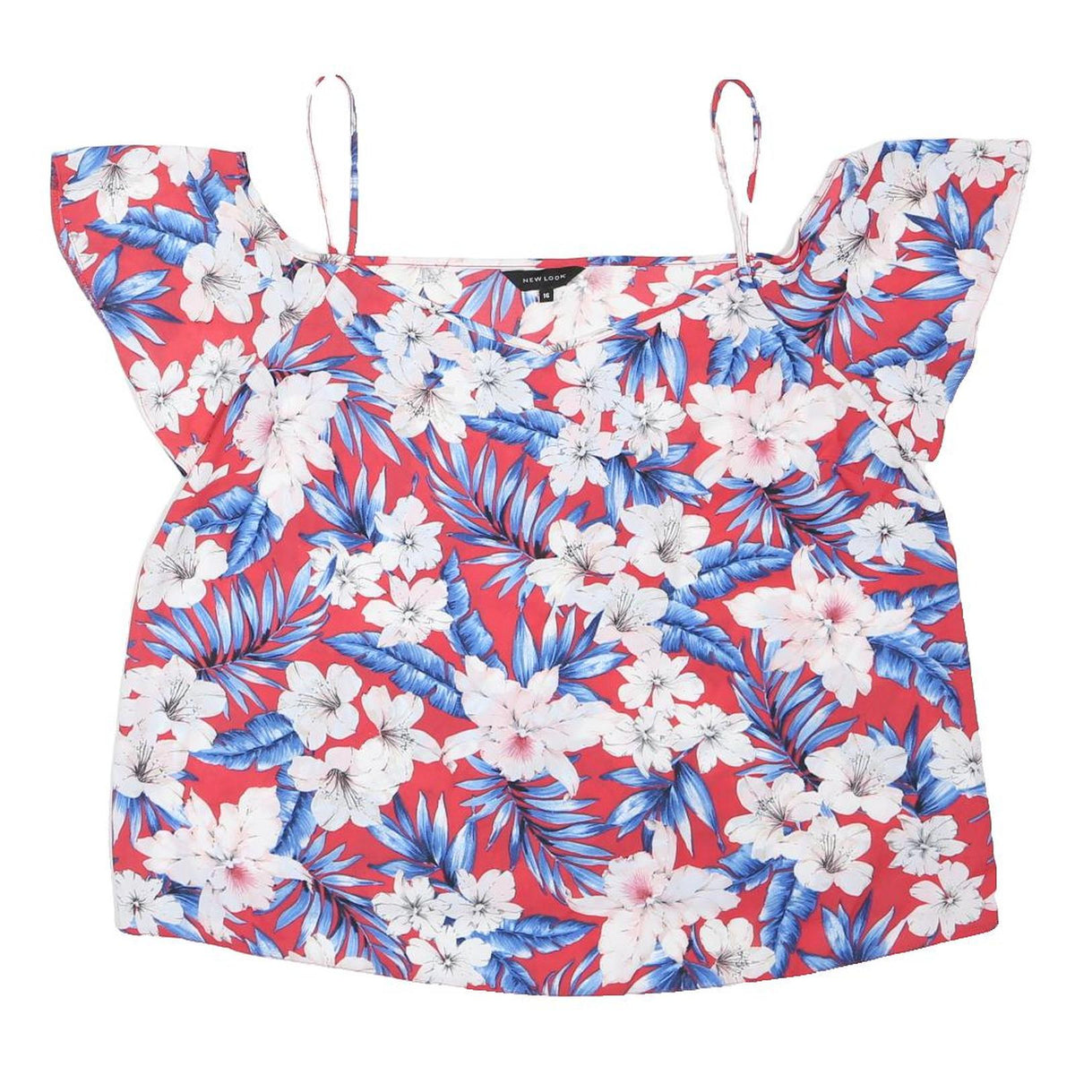 NEW LOOK Womens Red Floral Cold Shoulder Top Spaghetti Strap UK 16 Summer