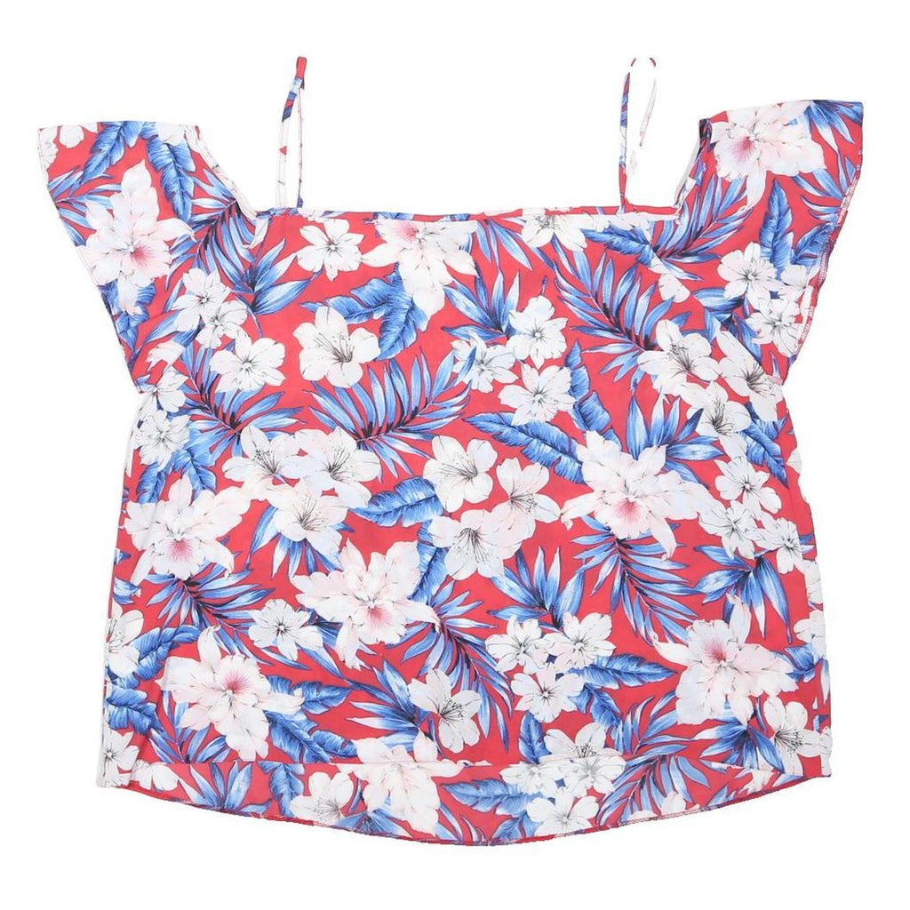 NEW LOOK Womens Red Floral Cold Shoulder Top Spaghetti Strap UK 16 Summer