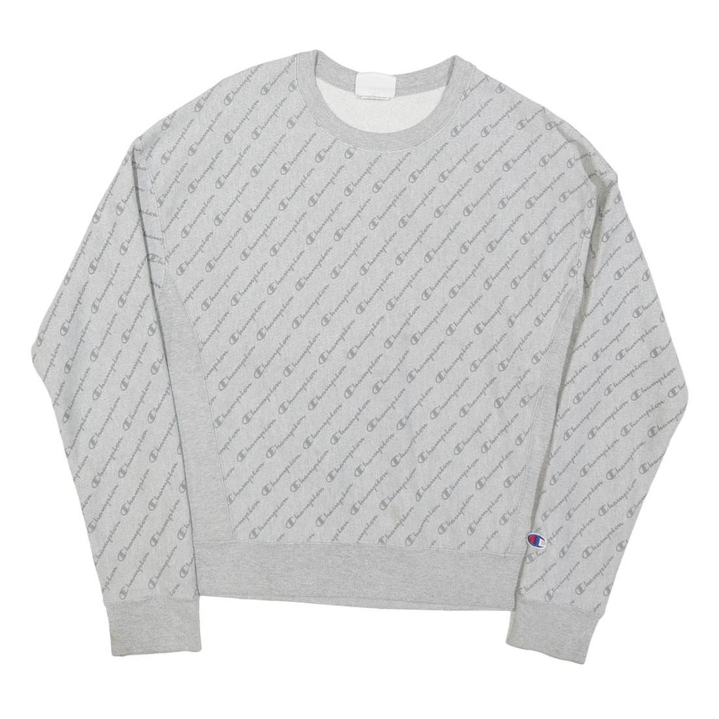 CHAMPION Mens Grey Cotton Blend Crew Neck M All Over Logo Sweatshirt Pullover