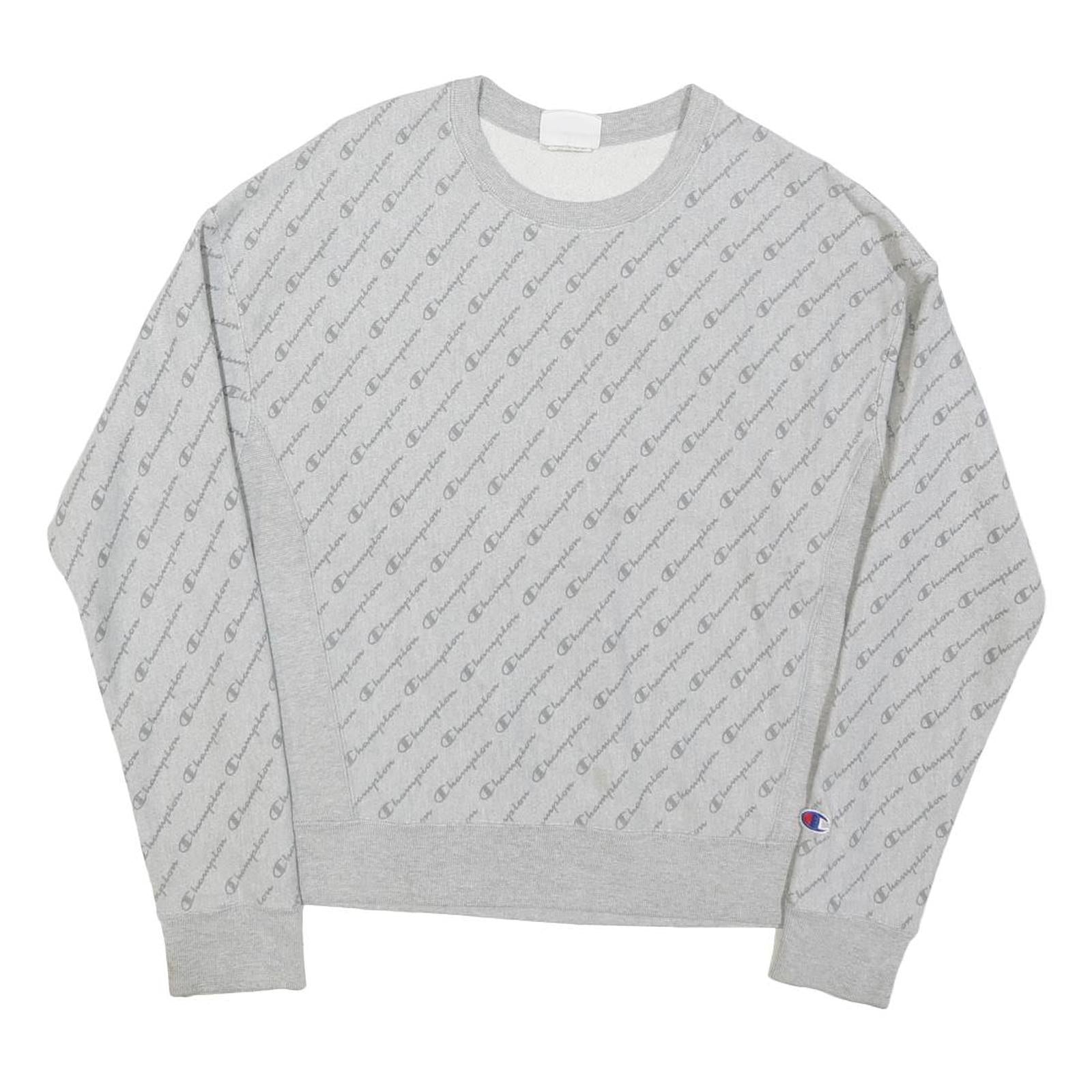 CHAMPION Mens Grey Cotton Blend Crew Neck M All Over Logo Sweatshirt Pullover
