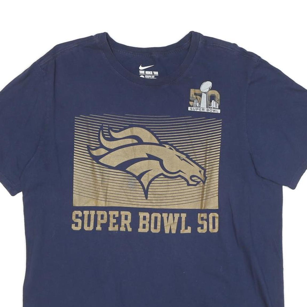 NIKE Mens Blue Super Bowl 50 Graphic T-Shirt L Short Sleeve Crew Neck
