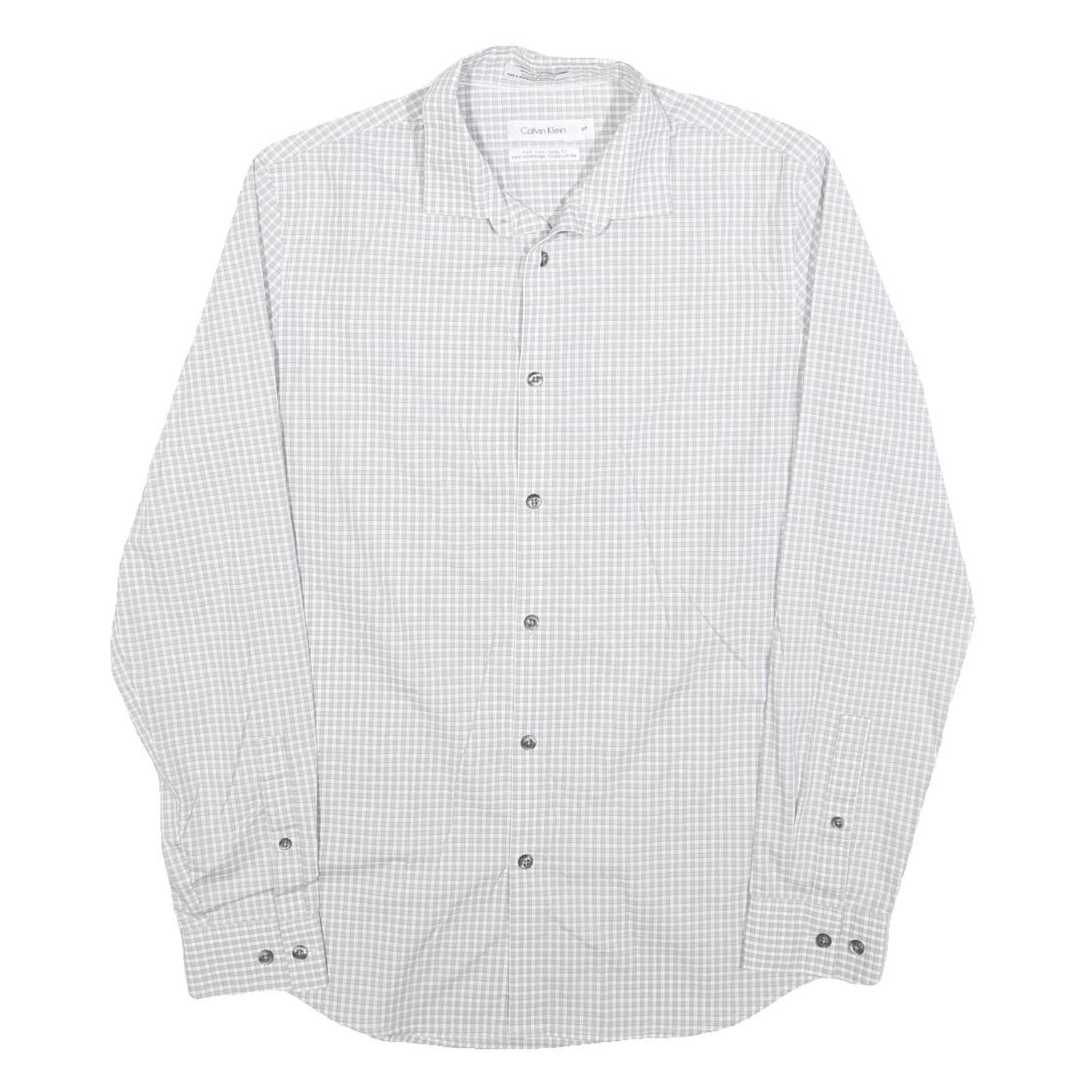 CALVIN KLEIN Mens White & Grey Check Shirt S Cotton Blend Classic Fit Long