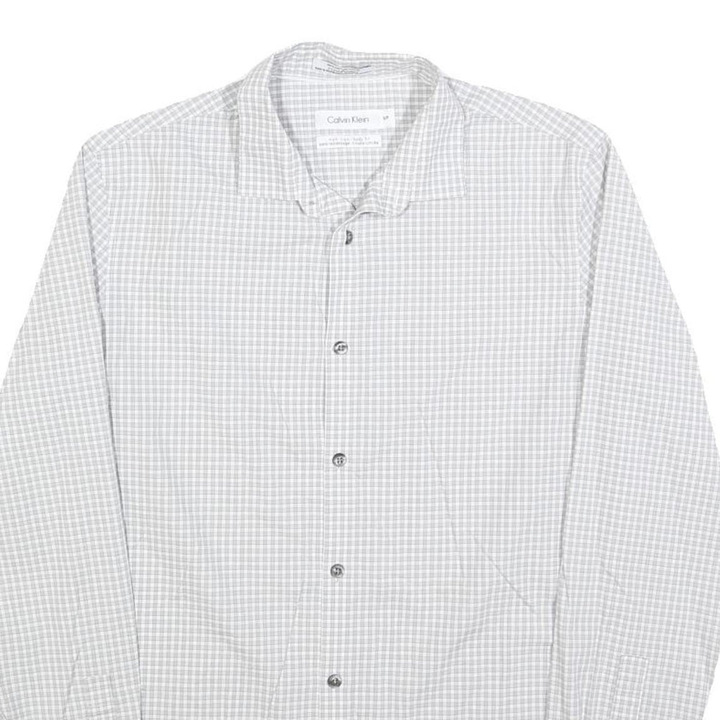 CALVIN KLEIN Mens White & Grey Check Shirt S Cotton Blend Classic Fit Long