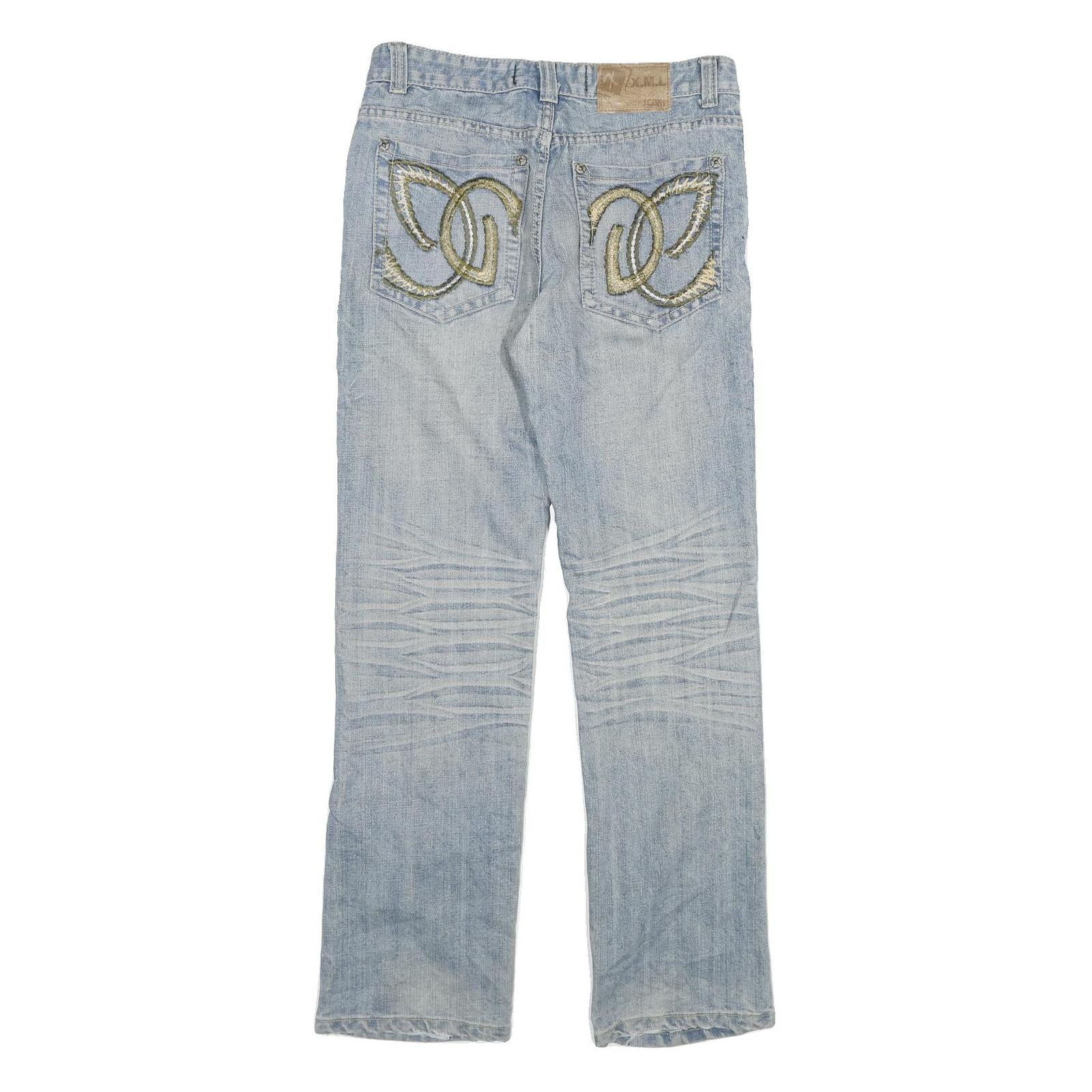 X M LANG Womens Jeans Light Blue Regular Fit Straight Denim W30 L31 Embroidered