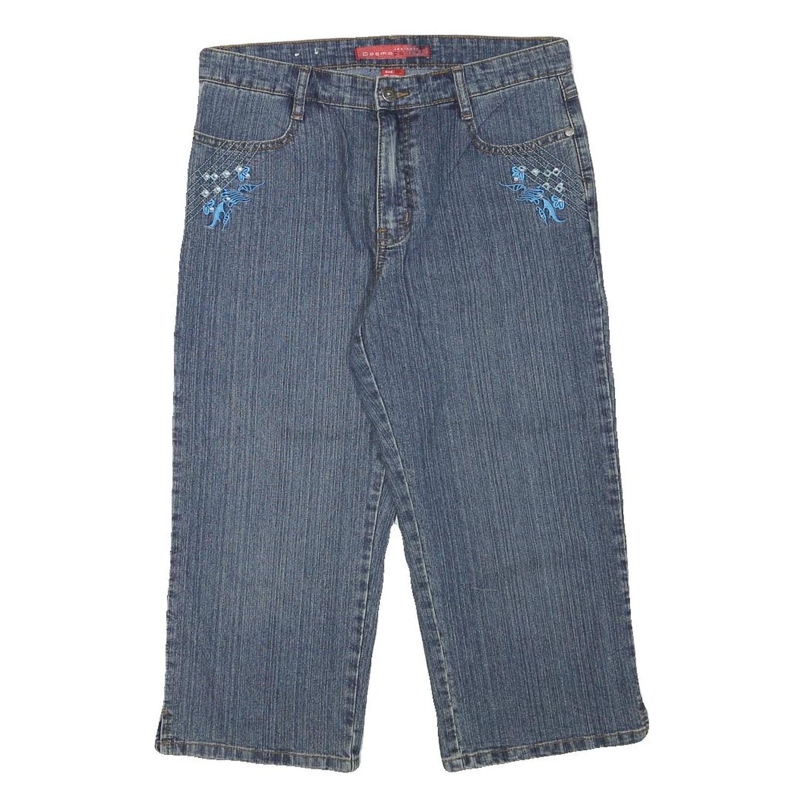 COSMO Womens Blue Denim Cropped Shorts M W30 Embroidered Detail