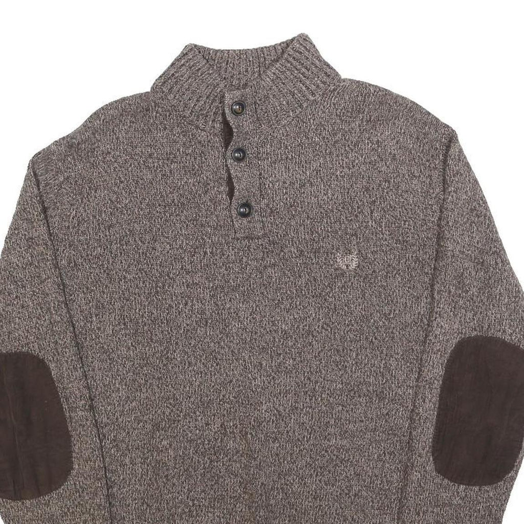 CHAPS Mens Brown Patterned Pullover Button Neck Cable Knit M Cotton Jumper