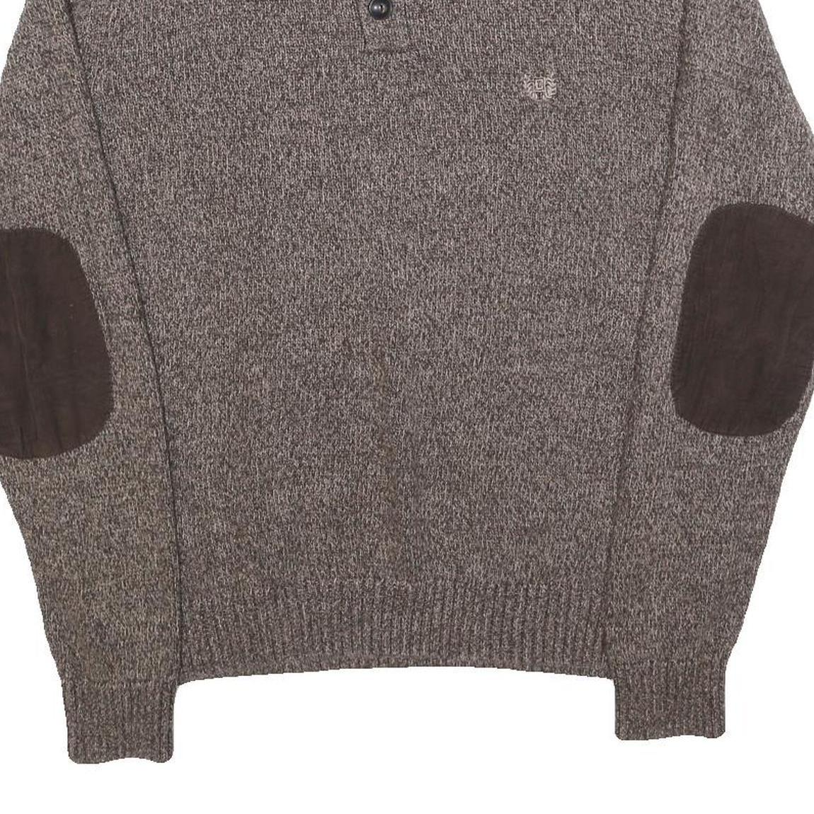 CHAPS Mens Brown Patterned Pullover Button Neck Cable Knit M Cotton Jumper