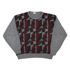 Mens Grey & Maroon Patterned Jumper Crew Neck Basic Knit L Acrylic Blend Casual
