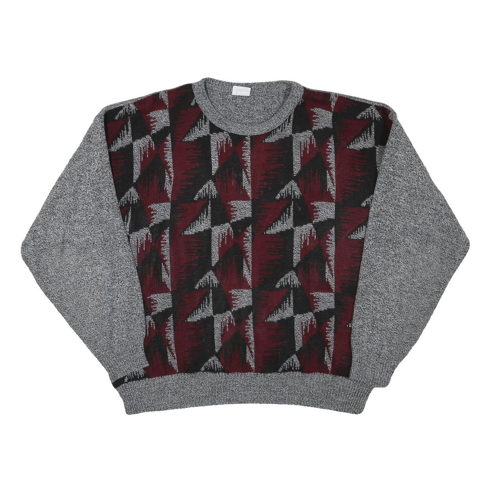 Mens Grey & Maroon Patterned Jumper Crew Neck Basic Knit L Acrylic Blend Casual