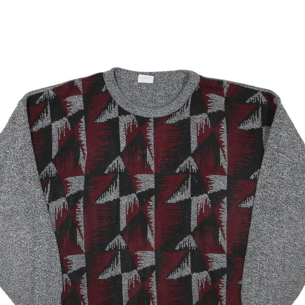 Mens Grey & Maroon Patterned Jumper Crew Neck Basic Knit L Acrylic Blend Casual